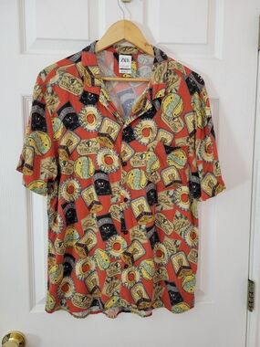 ZARA Men Vintage Drink Labels Print Cuban Collar Shirt Large L